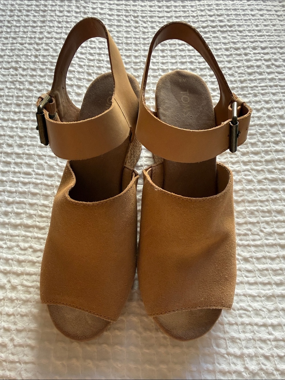 Toms Tan Suede Peep-Toe Slingback Wedge Sandals